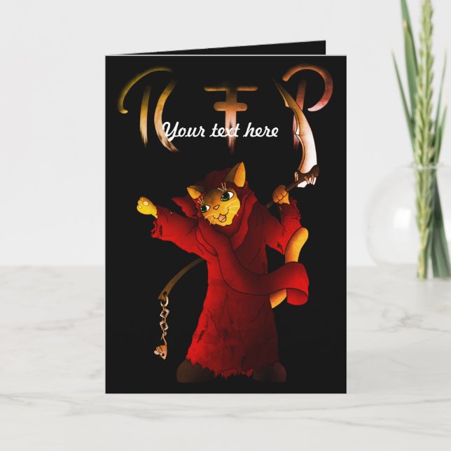 Crimson Red Grim Reaper Cat Card (Front)