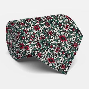 Crimson Red, Hunter Green, Black, & Ivory Floral  Neck Tie