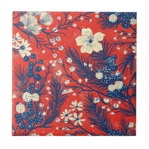 Crimson Red Indigo Winter Botanical Pattern Ceramic Tile