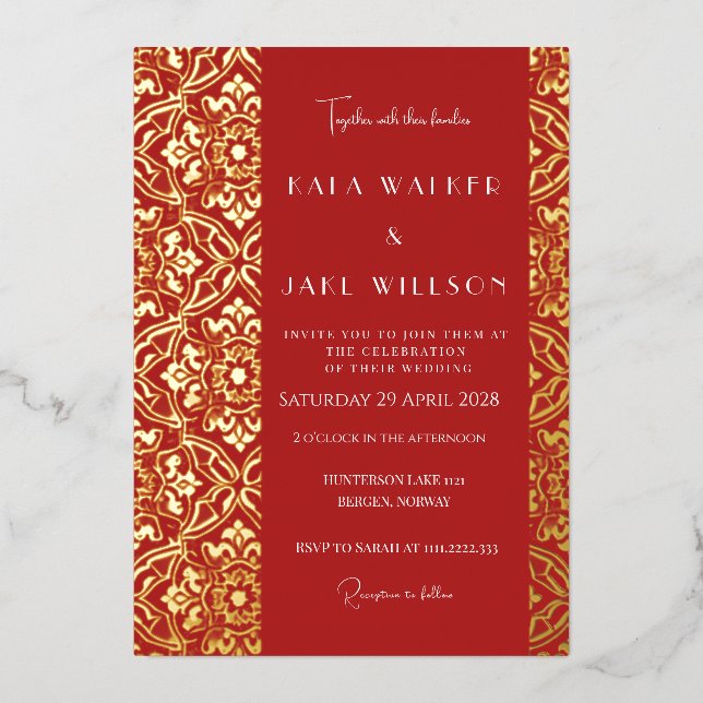 Crimson Red Italian Tile (Retro-Dotted)  Foil Invitation (Front)