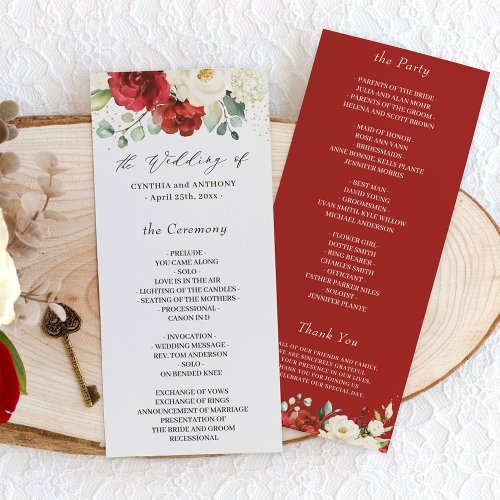Crimson Red Ivory White Rose Floral Wedding Program