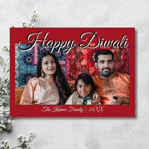 Crimson Red Luxury Photo Happy Diwali Greeting Holiday Card