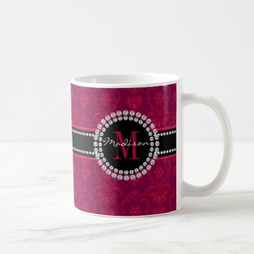 Crimson Red Magenta Damask Name and Monogram Coffee Mug