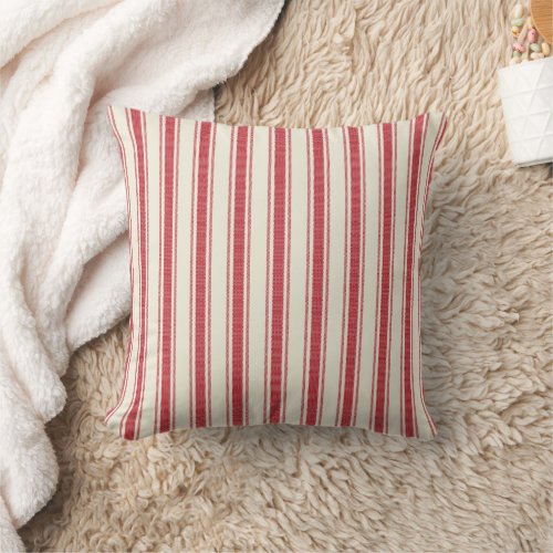 Crimson Red on Ecru Ticking Tape Pillow