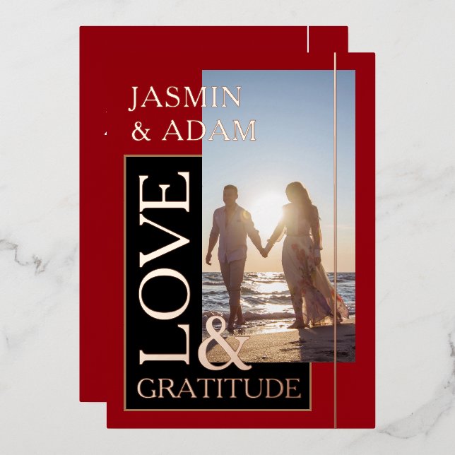 Crimson Red Photo Wedding Love and Gratitude Gold Foil Invitation (Front/Back)