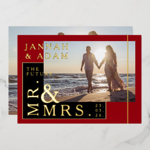Crimson Red Photo Wedding Mr. and Mrs. Gold Foil Invitation