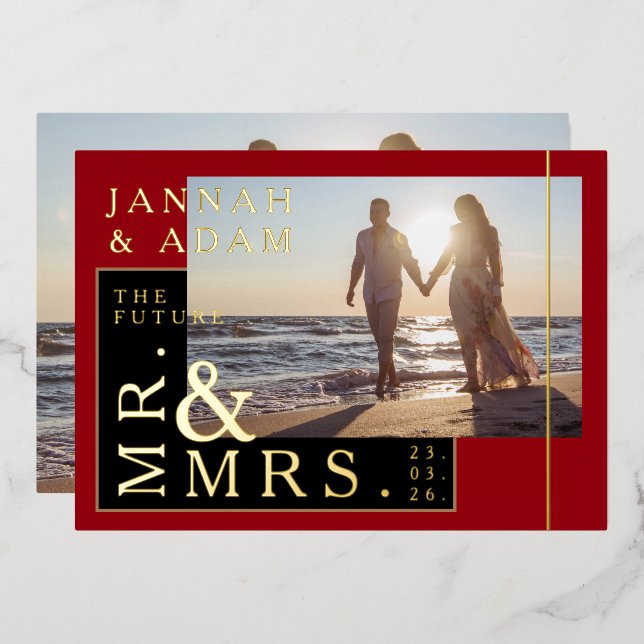 Crimson Red Photo Wedding Mr. and Mrs. Gold Foil Invitation (Front/Back)