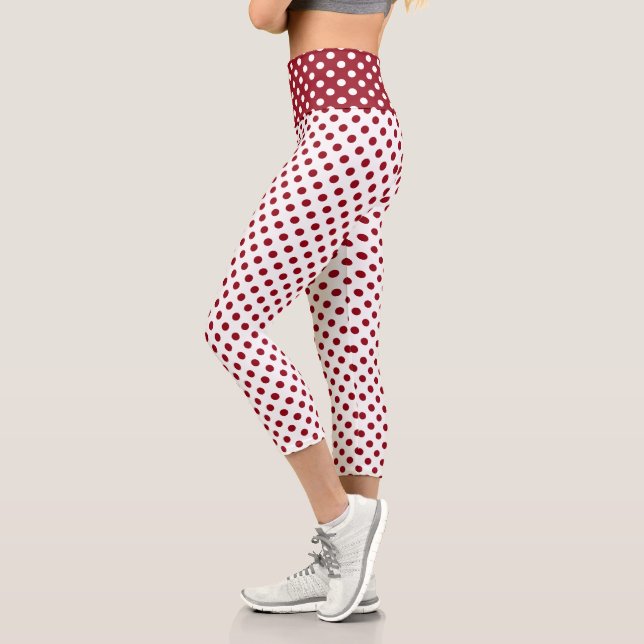 Crimson Red Polka Dots Circles Capri Leggings (Left)