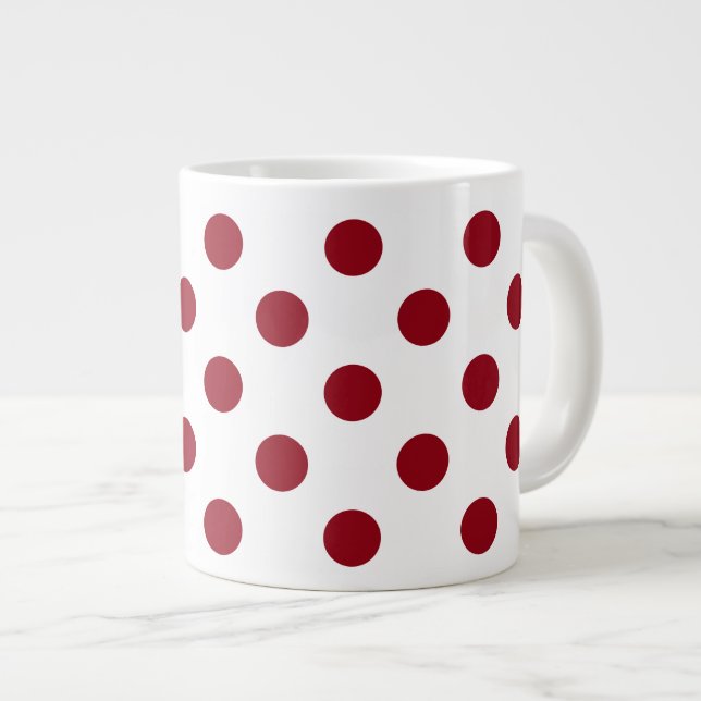 Crimson Red Polka Dots Circles Giant Coffee Mug (Front Right)