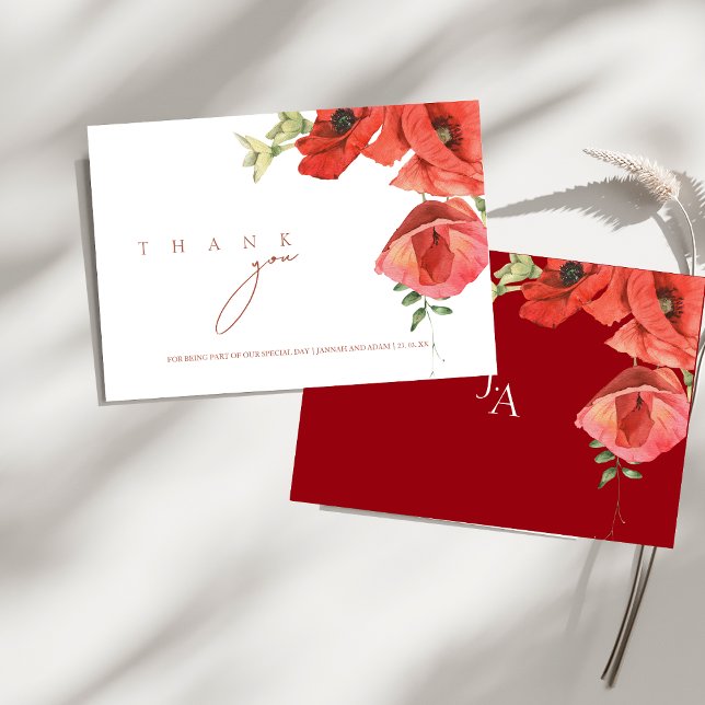Crimson Red Poppies Floral Wedding Thank You Card (Crimson Red Poppies Floral Wedding Thank You Card)