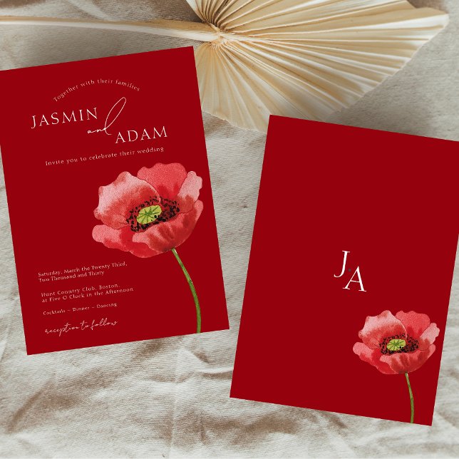 Crimson Red Poppy Floral Monogram Wedding Invitation (Crimson Red Poppy Floral Monogram Wedding Invitation)