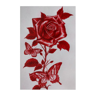 Crimson Red Rose and Butterflies Hand-Drawn Pen Sk Acrylic Print