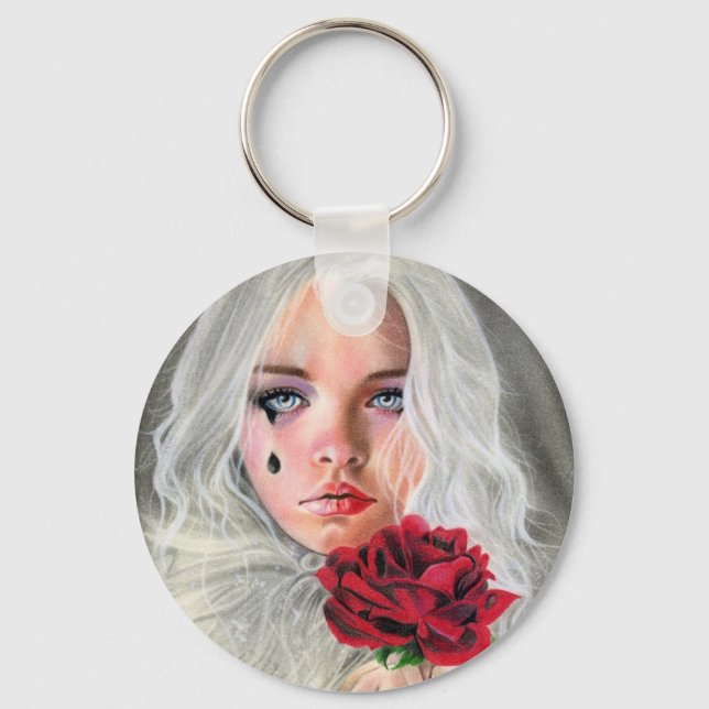Crimson red rose gothic mime girl Keychain (Front)
