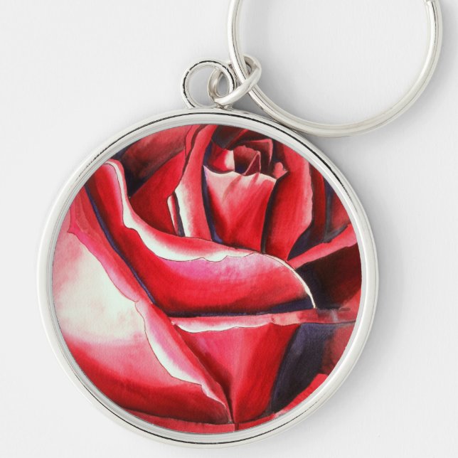 Crimson Red Rose original watercolor art painting Keychain (Front)