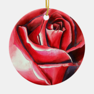 Crimson Red Rose watercolor original art macro Ceramic Ornament