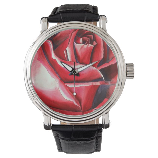 Crimson Red Rose watercolor original art macro Watch (Front)