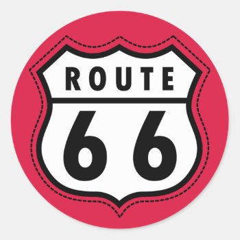 Crimson Red Route 66 Road Sign Classic Round Sticker by ColorStock at Zazzle