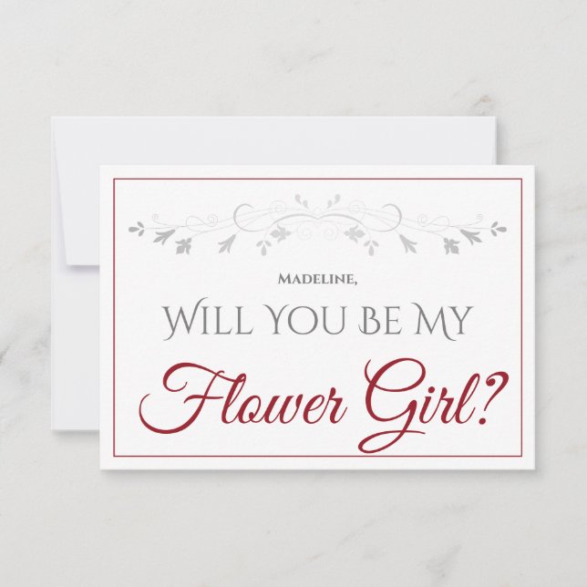 Crimson Red Script Elegant Be My Flower Girl Card (Front)