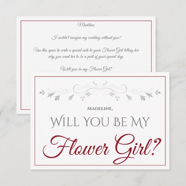 Crimson Red Script Elegant Be My Flower Girl Card (Front/Back)