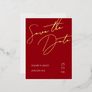 Crimson Red Script Wedding Save the Date Gold Foil Invitation Postcard