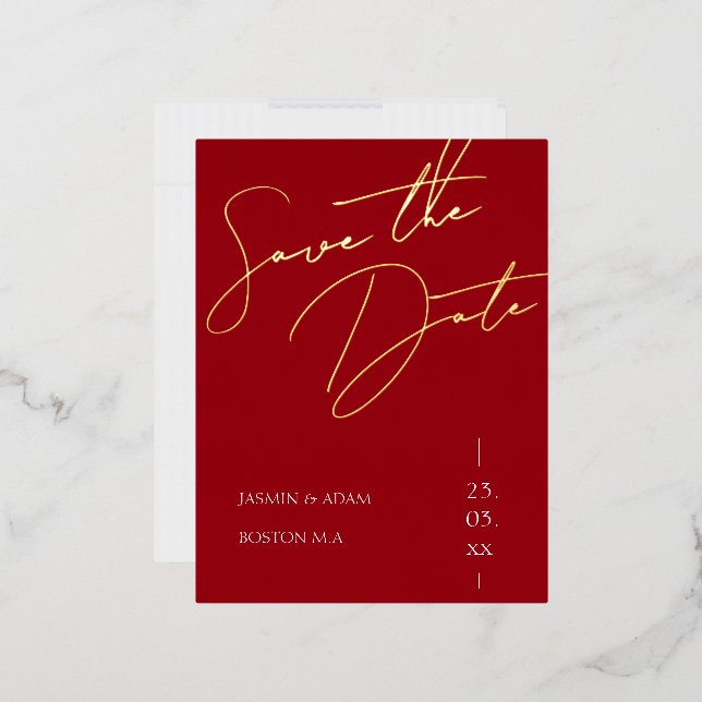 Crimson Red Script Wedding Save the Date Gold Foil Invitation Postcard (Envelope)