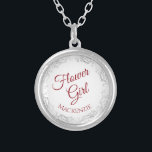 Crimson Red Script with Lace Border Flower Girl Silver Plated Necklace<br><div class="desc">This beautiful silver plated necklace is designed as a wedding gift or favor for your flower girls. It features an ornate silver gray lace border with the text "Flower Girl" written in fancy crimson red script lettering. There is space for her name below. Beautiful way to thank her for being...</div>