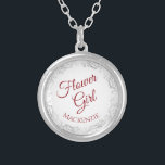 Crimson Red Script with Lace Border Flower Girl Silver Plated Necklace<br><div class="desc">This beautiful silver plated necklace is designed as a wedding gift or favor for your flower girls. It features an ornate silver gray lace border with the text "Flower Girl" written in fancy crimson red script lettering. There is space for her name below. Beautiful way to thank her for being...</div>