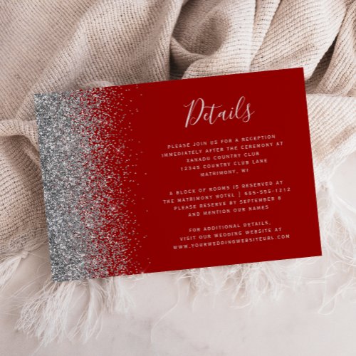 Crimson Red Silver Glitter Edge Wedding Details Enclosure Card