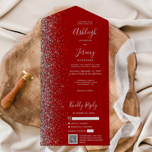 Crimson Red Silver Glitter QR Code Wedding All In One Invitation