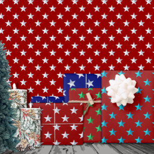 Crimson Red Silver Green Turquoise Blue Stars Wrapping Paper Sheets