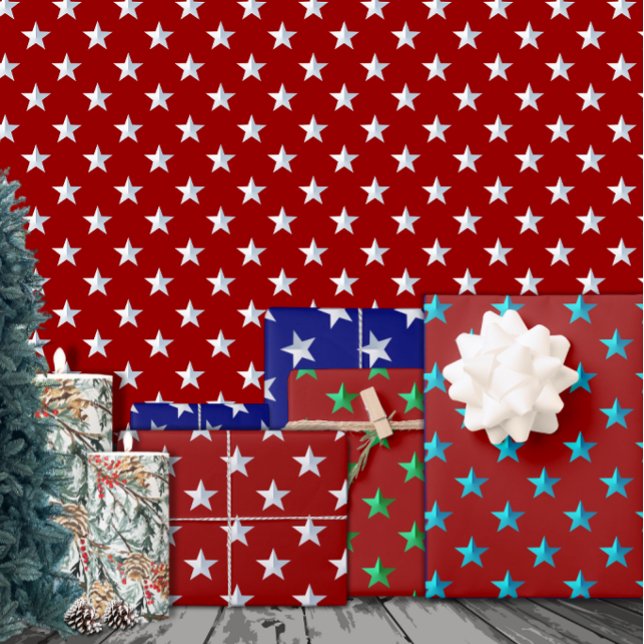 Crimson Red Silver Green Turquoise Blue Stars Wrapping Paper Sheets (Creator Uploaded)