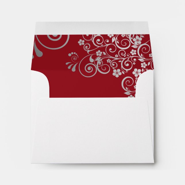 Crimson Red Silver Lace Inside White Wedding RSVP Envelope (Back (Bottom))