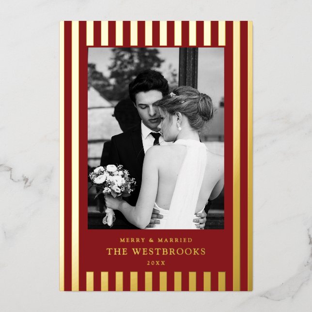 Crimson Red Stripes  Foil Holiday Card (Front)
