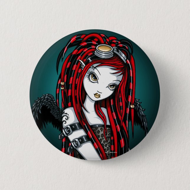 "Crimson" Red Tattoo Cyber Goth Angel Button (Front)