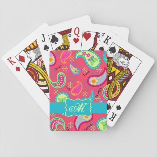 Crimson Red Turquoise Blue Modern Paisley Monogram Poker Cards