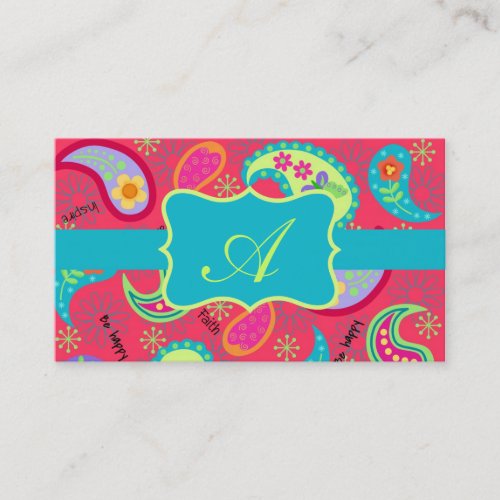 Crimson Red Turquoise Modern Paisley Monogram Business Card