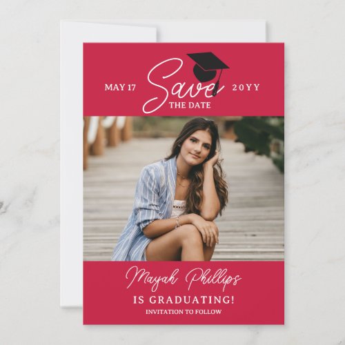Crimson Red Typography Photo Graduation Save The Date