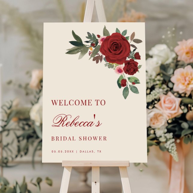 Crimson Red Vintage Rose Bridal Shower Welcome Foam Board (Creator Uploaded)