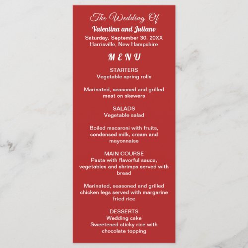 Crimson Red Wedding Menu