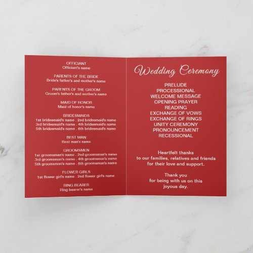 Crimson Red Wedding Program on Folded Card