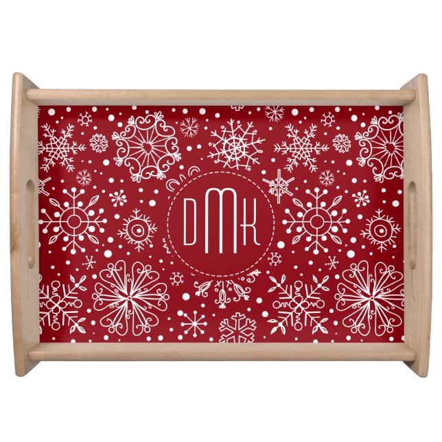 Crimson Red & White Abstract Christmas Snowflakes Serving Tray (Front)