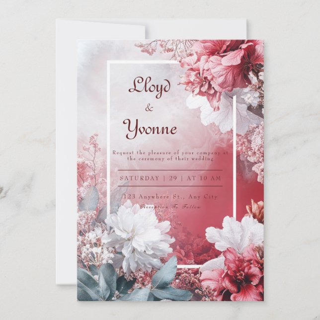 Crimson Red White Floral Fall Winter Wedding Invitation (Front)