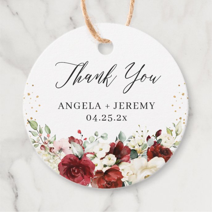 Crimson Red White Floral Gold Confetti Thank You Favor Tags