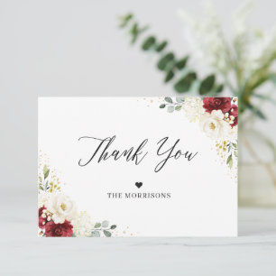 Crimson Red White Floral Gold Confetti Wedding Thank You Card
