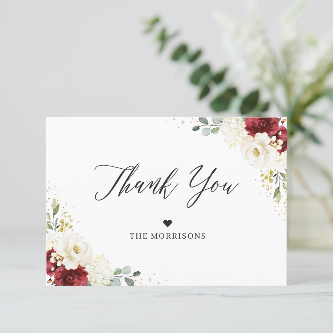 Crimson Red White Floral Gold Confetti Wedding Thank You Card | Zazzle