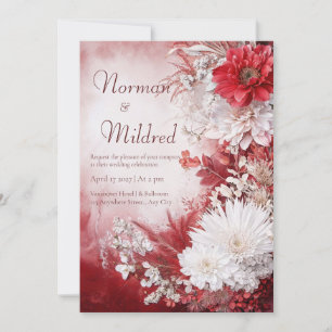 Crimson Red White Floral Winter Wedding Invitation