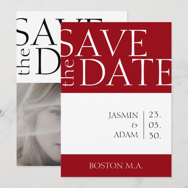 Crimson Red White Minimal Photo Wedding Save The Date (Front/Back)