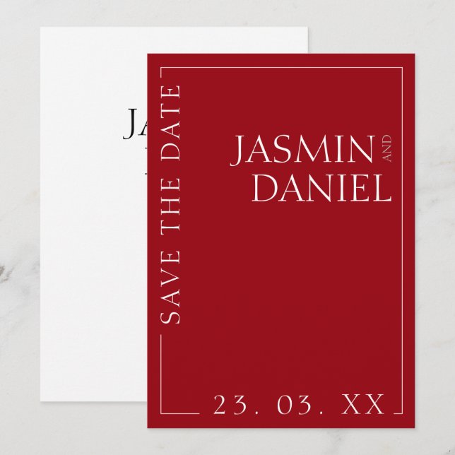 Crimson Red White Minimal Typography Wedding Save The Date (Front/Back)