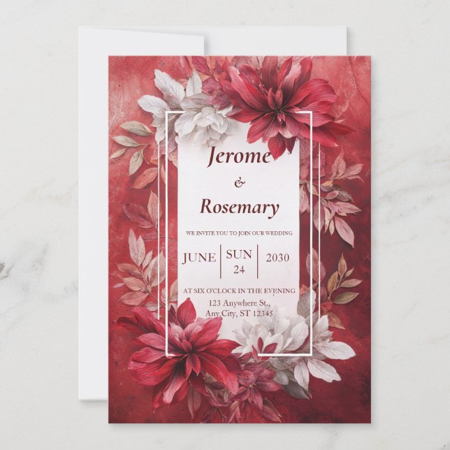 Crimson Red White Opulent Floral Fall Wedding Invitation (Front)
