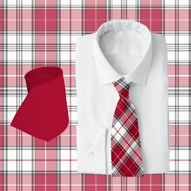 Crimson Red & White Plaid Neck Tie (tie set)